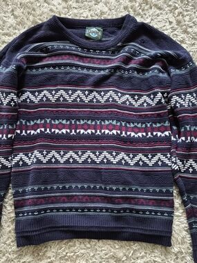 Jantzen Navy Crewneck Sweater with Multicolor Fair Isle Stripes